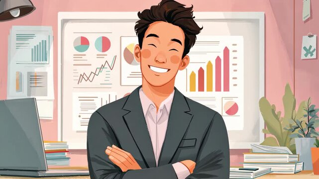 Cartoon style illustration of a smiling Asian Japanese businessman with graphs and business data behind him, representing success, analytics, and corporate performance.