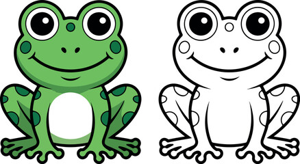 Fototapeta premium Cute Cartoon Frog Illustration in Green and Black‑and‑White Versions Perfect for Coloring Books Children’s Art Projects Vector