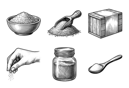 Vintage engraving style collection of salt and sugar icons featuring a bowl scoop crate hand jar and spoon