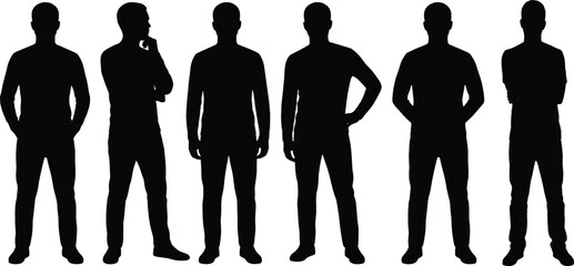 Silhouette collection of six standing human figures in different poses, body language illustration concept showing posture variation, gesture design, and expressive stance © Rina