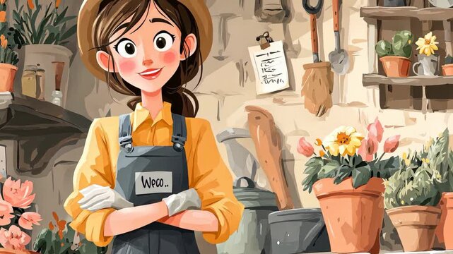 Cartoon style illustration of a cute girl smiling surrounded by flower pot plants, representing home gardening, plant care, and a cozy indoor green lifestyle.