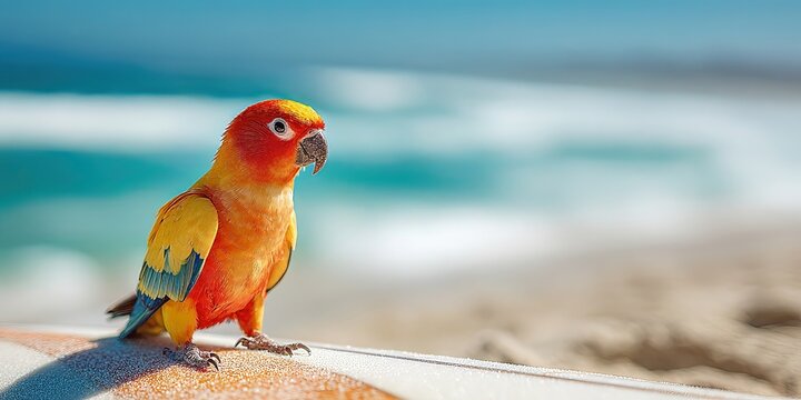 Vibrant sun conure parrot standing on wet surfboard at sunny seaside, turquoise waves and sandy beach softly blurred in background, concept of outdoor activities by the ocean
