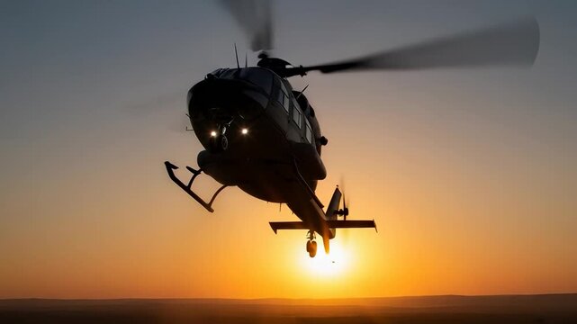 Helicopter flying low over desert landscape at sunset with dust kicking up