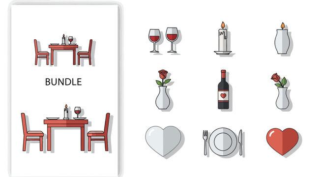 Collection of romantic dinner and date night icons featuring wine, roses, candles, hearts and table settings, concept for restaurant branding, Valentine's Day designs and wedding apps