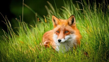 Obraz premium Red fox resting in lush green grass, a serene wildlife moment.