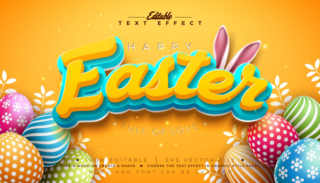 Happy Easter Text Effect Design Editable Vector Graphic Style with 3D Typography Lettering and Painted Eggs on Yellow Background. Christian Religious Holiday Scalable Illustration Template