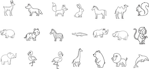 Obraz premium Big collection of cute animal vector icons, wildlife and safari cartoon line art set for kids coloring pages and educational design.
