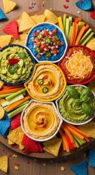 Assorted Dips and Nachos on Platter.