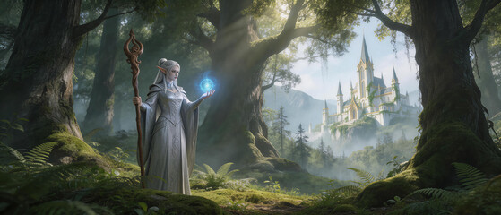 Naklejka premium Elven mage casting magic orb in enchanted forest with distant castle and sunlight rays, idea for fantasy game, book cover, mystical storytelling concept art
