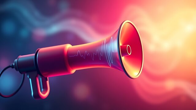 amplifier. Vibrant megaphone with abstract sound waves, highlighting dynamic and colorful energy. STEM education sheets, lab safety posters, designed for biotech research communications.