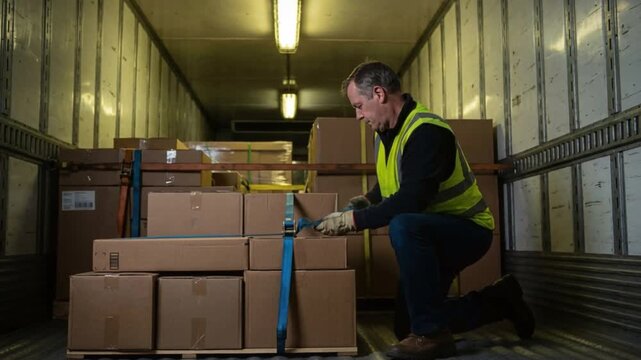 A truck driver fastens cargo boxes securely with tie-down straps inside a brightly lit industrial warehouse, focusing on safety and timely logistics for efficient transportation and scheduled delivery