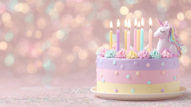 Birthday celebration theme for party event. A pastelcolored birthday cake adorned with candles and a unicorn figurine perched atop it, set against a blurred background.