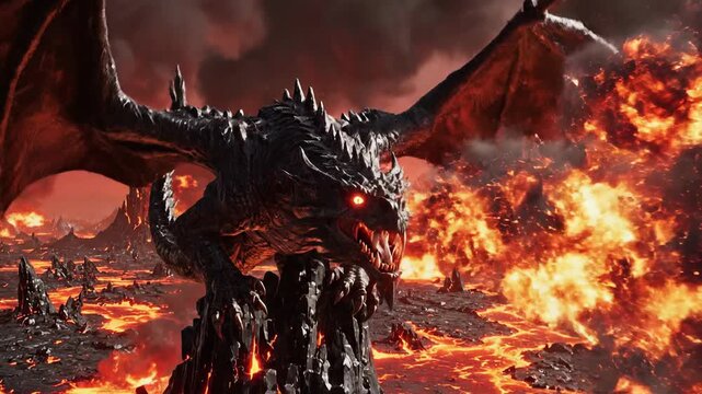Epic Dragon Unleashes Fury in Volcanic Landscape - A Fantasy Adventure.