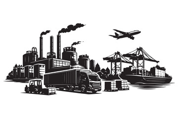 Obraz premium Factory with Transport Silhouette, Vector Illustration, Isolated on White Background
