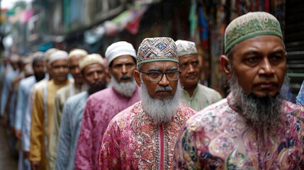 Fototapeta premium Muslim men in traditional clothing walking on city street crowd beards headscarves