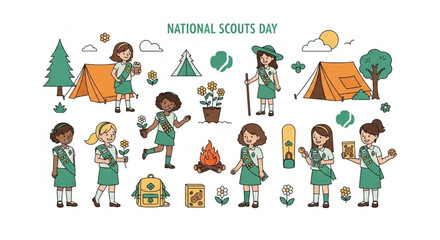 Fototapeta premium National Girl Scout Day Vector Illustration with Diverse Scouts, Camping, Cookies, and Outdoor Activities