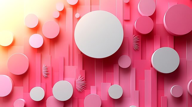 Bright pink geometric blocks and white circular platforms form an interesting textured pattern on a vibrant surface