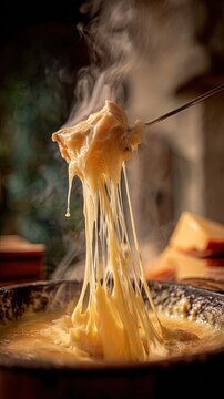 Stretchy swiss fondue cheese pulled by a steel fork above a rustic caquelon in the foreground, steam rising, blurred chalet kitchen behind, cozy alpine comfort food atmosphere