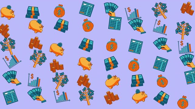 Scattered financial icons money bags, calculators, piggy banks. Ideal for financial blogs, educational materials, or business presentations needing visuals.