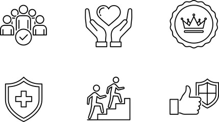 Fototapeta premium Community Care and Leadership Line Icon Set with Team Approval, Heart Support, Crown Badge, Protection Shield and Success Symbols