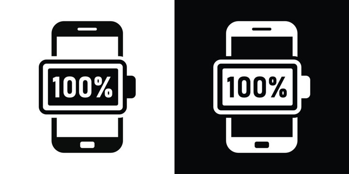 Fully charged smartphone icon. Mobile phone symbol showing 100 percent maximum battery capacity indicator in flat black and white layout.