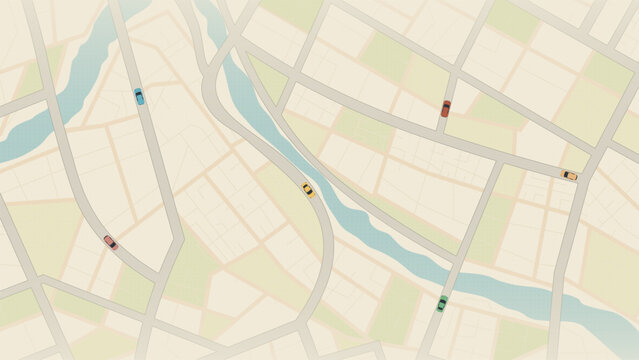 Flat GPS Navigation Map with Cars and River