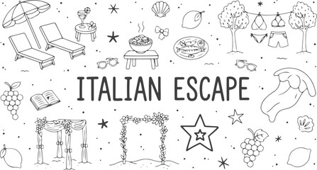 Fototapeta premium Whimsical mediterranean italian coastal beach vacation elements line art set. Seaside summer sketch of food, loungers, sardines, swimsuits and reading book. Wedding coquette vector illustration