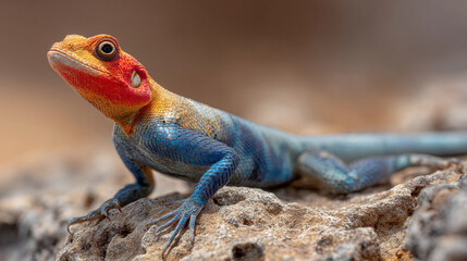 Vibrant Agama Lizard with Red Head and Blue Body on Rocky Ground
