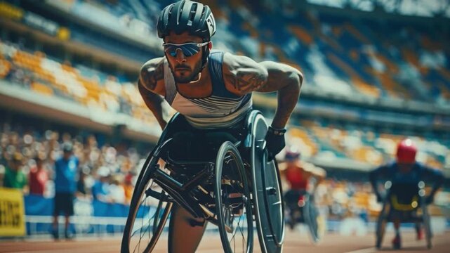 A wheelchair athlete, full of determination and focus, hurtles down the track, propelled by their unyielding strength and speed, as exuberant spectators cheer them on a sun-kissed competition day