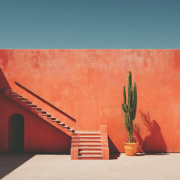 Minimalist modern architecture featuring a vibrant terracotta wall with outdoor stairs and a tall green cactus in a pot under a clear blue sky for aesthetic design.
