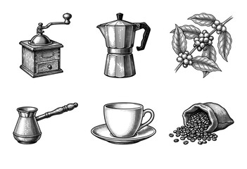 Vintage engraving style coffee collection featuring manual grinder moka pot cezve ceramic cup and roasted beans