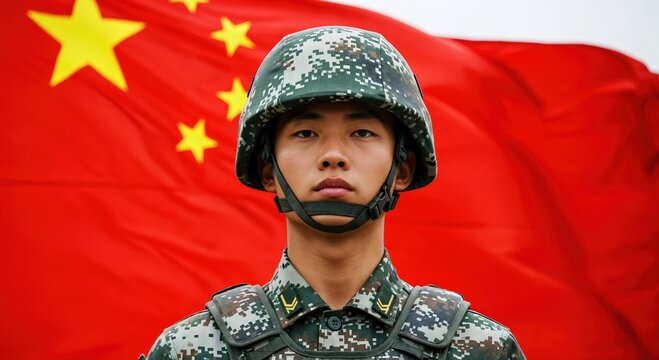 Young Asian male soldier in camouflage uniform and helmet standing in front of national flag