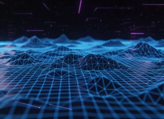 Abstract Digital Landscape With Blue Neon Grid Overlay And Purple Streaks In Dark Background Futuristic Technology Concept