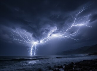 Dramatic Lightning Strike Over Dark Ocean Waters Under Stormy Night Sky With Jagged Coastline In The Foreground