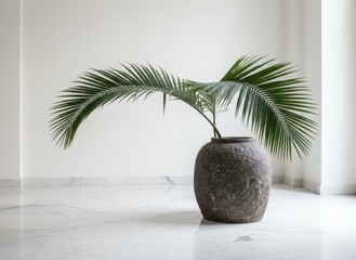 Large Textured Dark Gray Pot With Green Frond Plant on White Marble Floor with White Wall Background