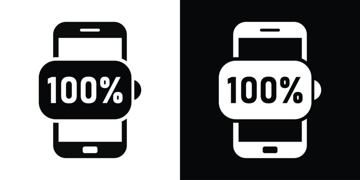 Fully charged smartphone icon. Mobile phone symbol showing 100 percent maximum battery capacity indicator in flat black and white layout.