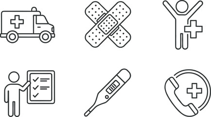 Emergency Medical Service Line Icon Set with Ambulance, Bandage, Thermometer, Checklist, Healthcare Call and Patient Support Symbols