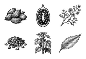 Obraz premium Vintage engraving of cardamom spice plant elements featuring dried pods, cross section with seeds, flowering branch, and botanical leaves