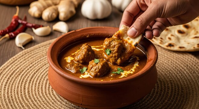 Authentic Kashmiri Mutton Rogan Josh in Traditional Clay Pot with Naan Bread and Spices