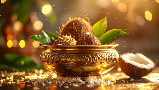 Cinematic close up of kalash and coconut decoration for Chaitra spring festivals and new year traditions