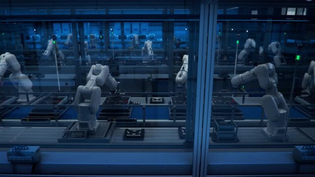3D Animation: Side view of Robot Arms on Automated Production Line. Concept: Manufacturing Process Automation. Lights out Assembly Line with Autonomous Industrial Robotic Arms on a Smart Dark Factory.