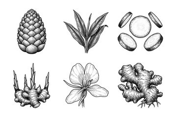 Obraz premium Botanical hand drawn engraving of ginger plant parts including rhizome, sliced root, leaves, flower, and bud in vintage woodcut style