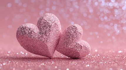 Obraz premium Romantic love theme for Valentines Day. Two pink glittery hearts on a shimmering pink background, creating a festive and celebratory atmosphere.