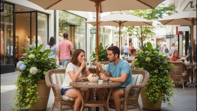 A young couple enjoys leisurely ice cream on chic patio furniture outside a bustling shopping mall, savoring relaxation and comfort in a trendy outdoor setting that epitomizes stylish leisure