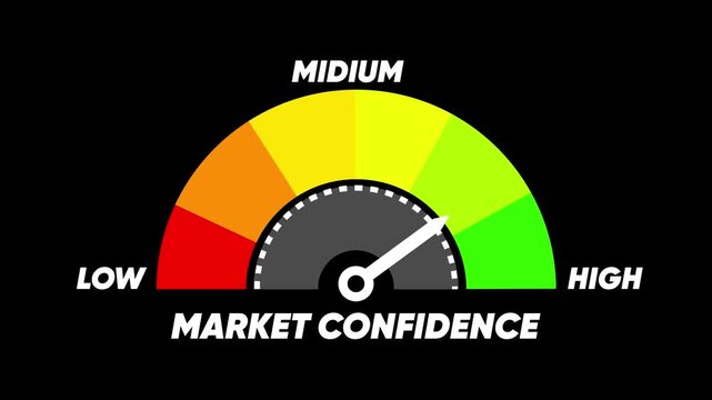 Market Confidence Gauge Showing Medium Confidence on a Black Background meter indicator