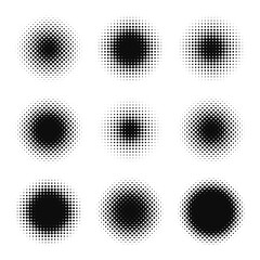 Circle halftone effect collection. Black halftone circle effects in different shapes, densities, and sizes. Dotted circles for retro posters, comic book styles, and pop art illustrations. Vector