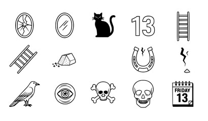 Bad Luck and Superstition Symbols Vector Set Black Outline Icons Isolated © Liton