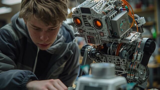 A young engineering student intensely collaborates with a sophisticated robot on a worktable amidst machinery and various engineering tools in a high-tech workshop