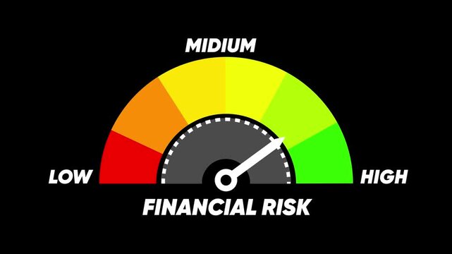 Financial Risk Meter Showing Medium Level on a Black Background gauge speedometer