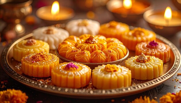 Assorted Mithai and Indian desserts served during Chaitra spring festivals in warm cinematic lighting